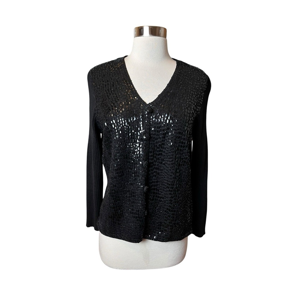 Michael Simon Sequin Cardigan Sweater Medium Black Sequined Ramie Blend